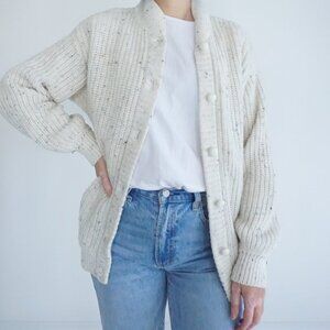 Vintage Newcomer Cream Chunky Knit 10% Wool Button Up Cardigan Sweater S